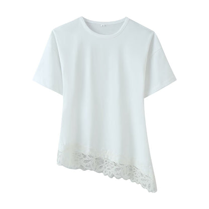 Women's Casual Round Neck Tee - Stylish Lace Stitched Asymmetrical Top