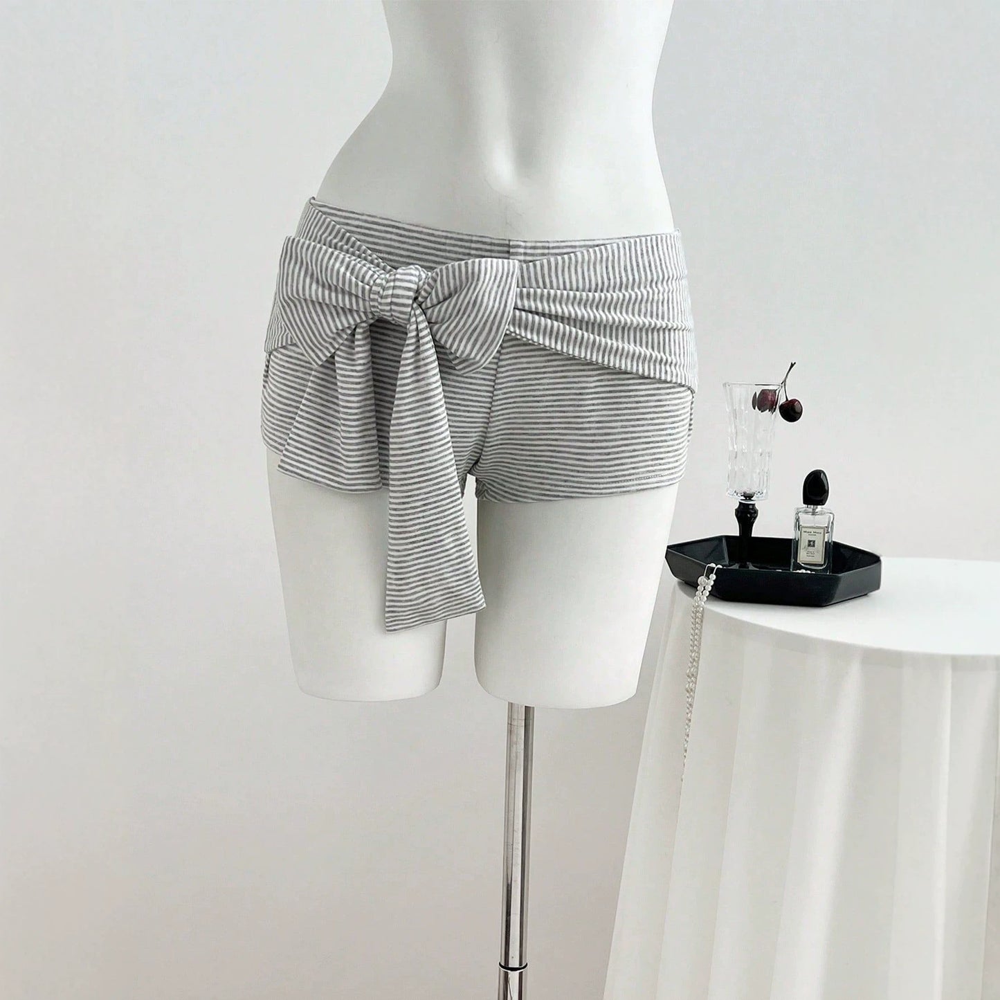 Trendy Low-Waisted Striped Shorts with Big Front Bow