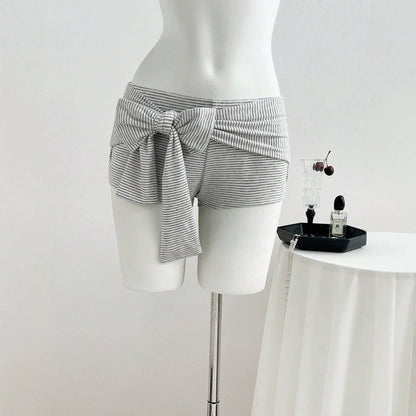 Trendy Low-Waisted Striped Shorts with Big Front Bow