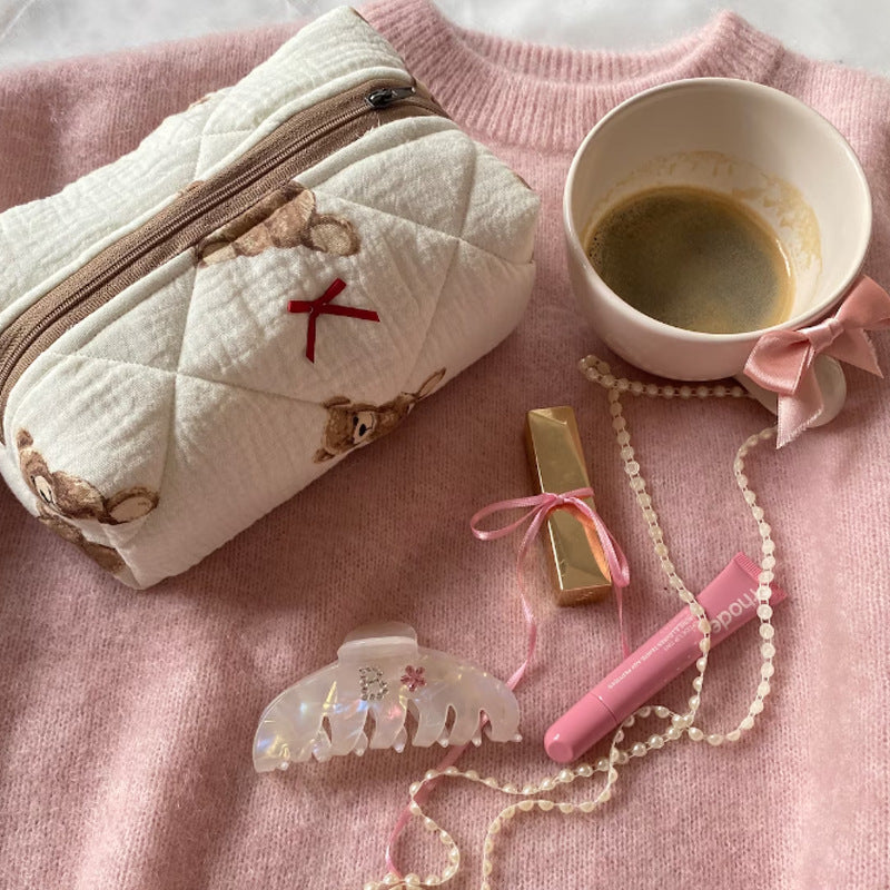 Cute Teddy Bear Quilted Portable Makeup & Skincare Storage Bag