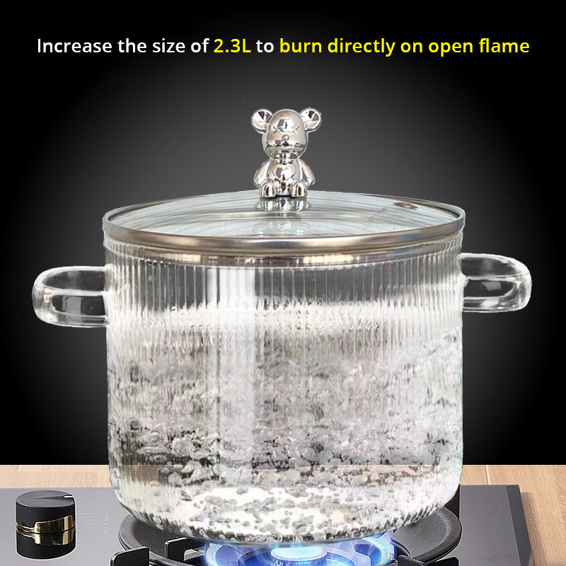 Heat-Resistant Borosilicate Glass Soup Pot with Bear Handle Lid - Flame-Safe Instant Noodle Bowl & Salad Pot with Handles