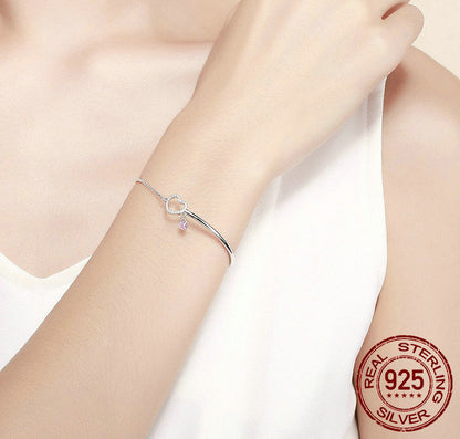 S925 Sterling Silver Heart Bracelet with Pink Crystal Charm