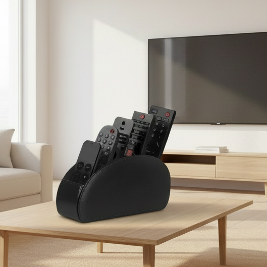 5-Slot PU Leather Remote Control Holder - Desktop Organizer for TV & Media Players