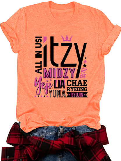 ITZY Slogan Letter Round Neck Short Sleeved Shirt | K-Pop Inspired Graphic T-Shirt