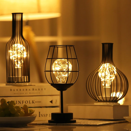 Creative Iron Wine Bottle Night Light - Retro Industrial LED Lamp for Home & Table Decor