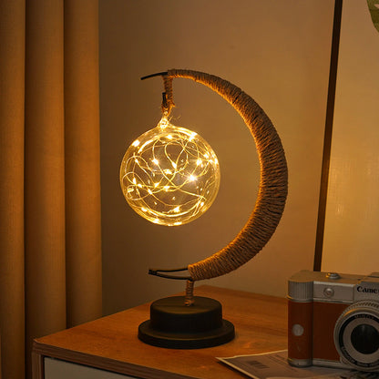 LED Star in Moon Night Light with Hemp Rope and Iron Art Base