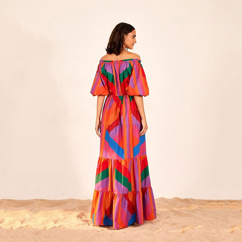 Vibrant Boho Geometric Patchwork Maxi Dress with Smocked Bust