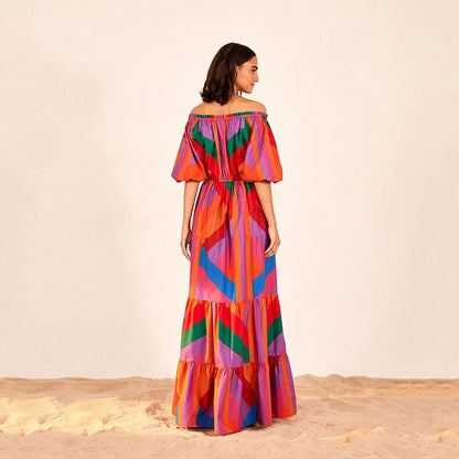 Vibrant Boho Geometric Patchwork Maxi Dress with Smocked Bust