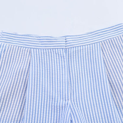Chic Blue and White Vertical Striped High-Waisted Shorts