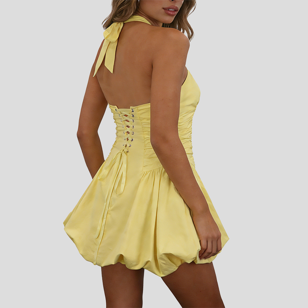 Sexy Deep V Backless Halter Mini Dress – Chic Yellow Bubble Hem Party Dress for Women