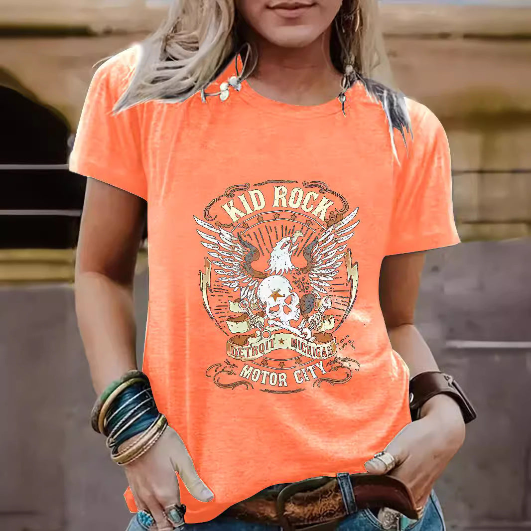 Vintage Eagle Pattern Round Neck Short Sleeved T-Shirt | Graphic Print Top for Men/Women