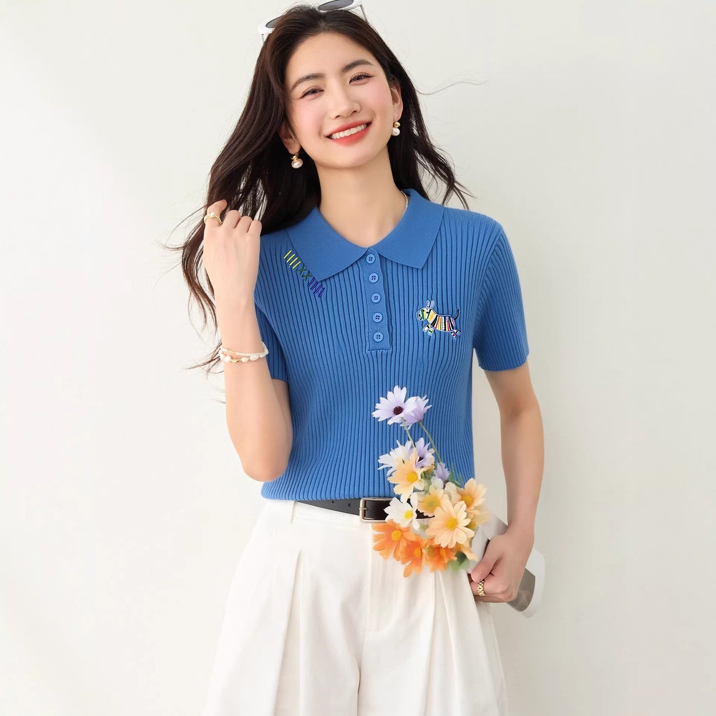 Women's Slim Fit Blue Polo Knit Shirt - Embroidered Short Sleeve Top