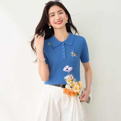 Women's Slim Fit Blue Polo Knit Shirt - Embroidered Short Sleeve Top