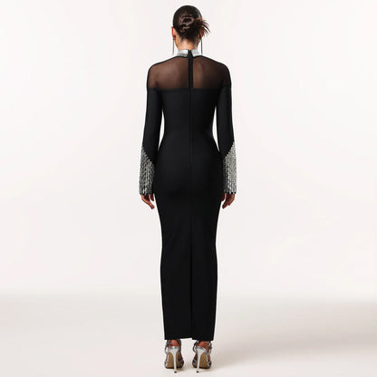 Elegant High-Neck Long Sleeve Maxi Dress – Glamorous Sheer Mesh Detail Sequined Party Gown for Women