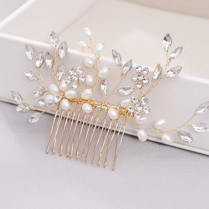 Elegant Hand-Woven Pearl and Crystal Bridal Hair Comb Headdress