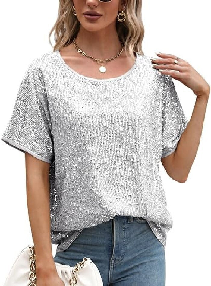 Sparkly Champagne Sequin Party Top - Glamorous Loose Fit Short Sleeve Evening Tee