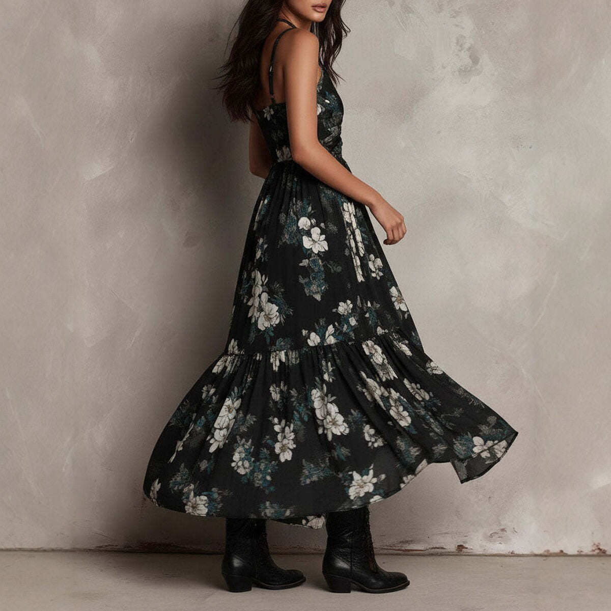 Women's Floral Print Camisole Maxi Dress - V-Neck High-Low Vacation Gown