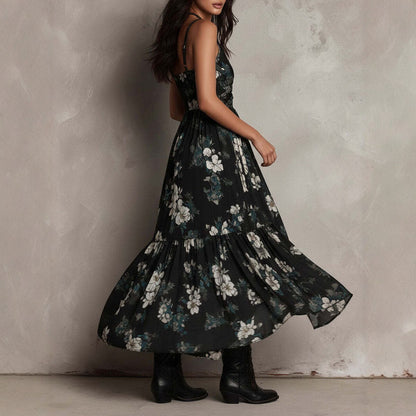 Women's Floral Print Camisole Maxi Dress - V-Neck High-Low Vacation Gown