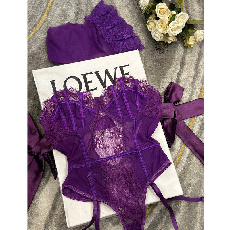 Purple Lace Bodysuit with Garter Straps and Matching Stockings Set