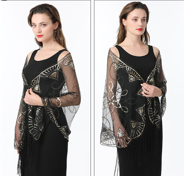 Women's Sequin Mesh Cape Shawl | Elegant Tassel Bolero Wedding & Evening Dress Wrap