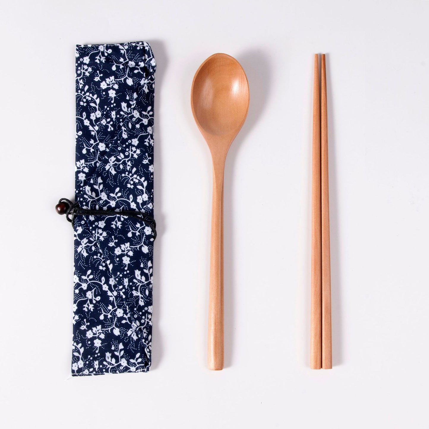 Japanese Style 3-Piece Portable Wooden Cutlery Set with Pouch