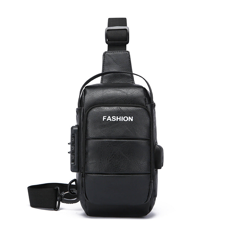 Men's Waterproof Faux Leather Chest Sling Bag with USB Charging Port