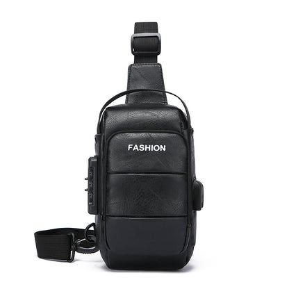 Men's Waterproof Faux Leather Chest Sling Bag with USB Charging Port