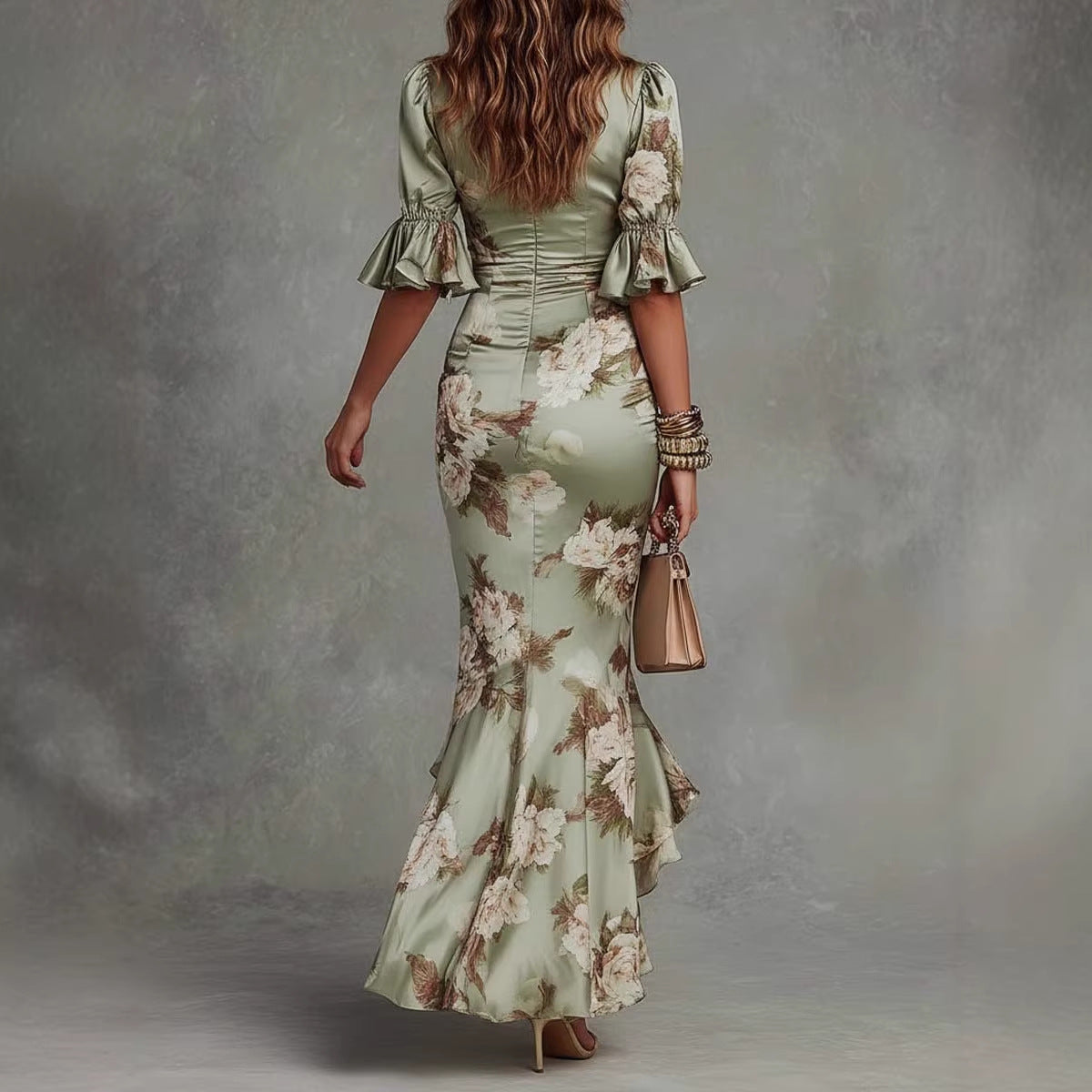 Women's Elegant V-Neck Floral Print Maxi Dress - Fitted Silhouette with Ruffle Hem