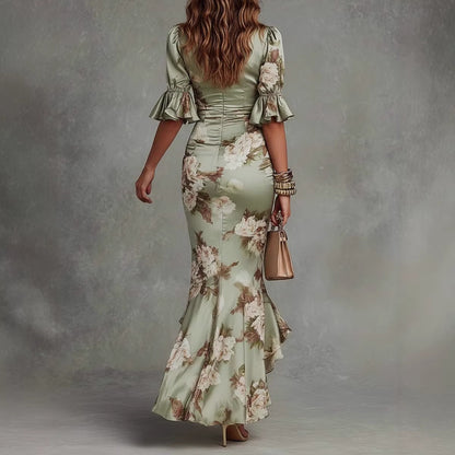 Women's Elegant V-Neck Floral Print Maxi Dress - Fitted Silhouette with Ruffle Hem