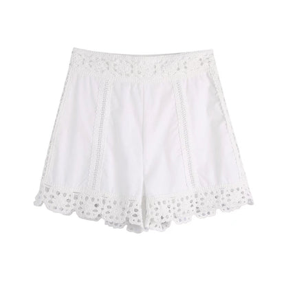 Fresh White Crochet Lace Summer Shorts – Breathable High-Waist Boho Beach Bottoms for Women