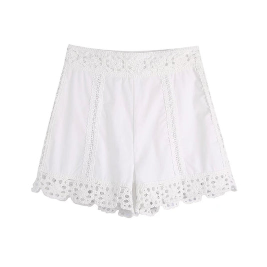 Fresh White Crochet Lace Summer Shorts – Breathable High-Waist Boho Beach Bottoms for Women