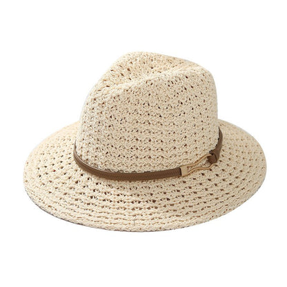 Ladies' Straw Fedora Sun Hat with Leather Band | Wide Brim Summer UV Protection