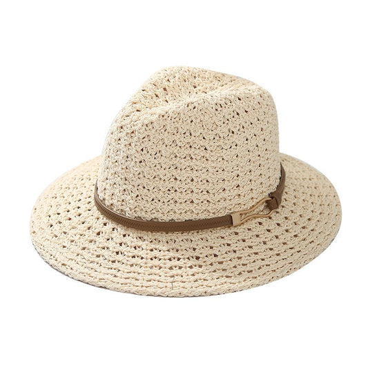 Ladies' Straw Fedora Sun Hat with Leather Band | Wide Brim Summer UV Protection