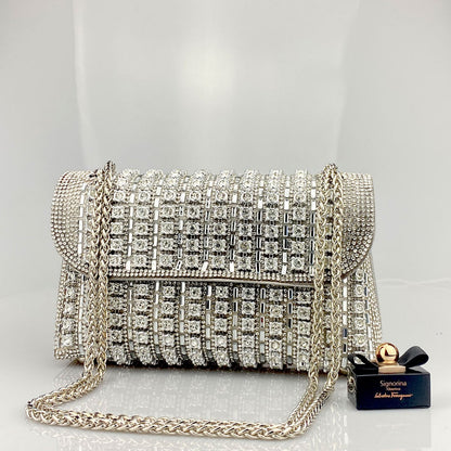 Elegant Black and Gold Chain-Adorned Evening Clutch Bag with Long Strap