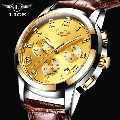 LIGE Casual Fashion Luminous Quartz Watch with Brown Leather Strap