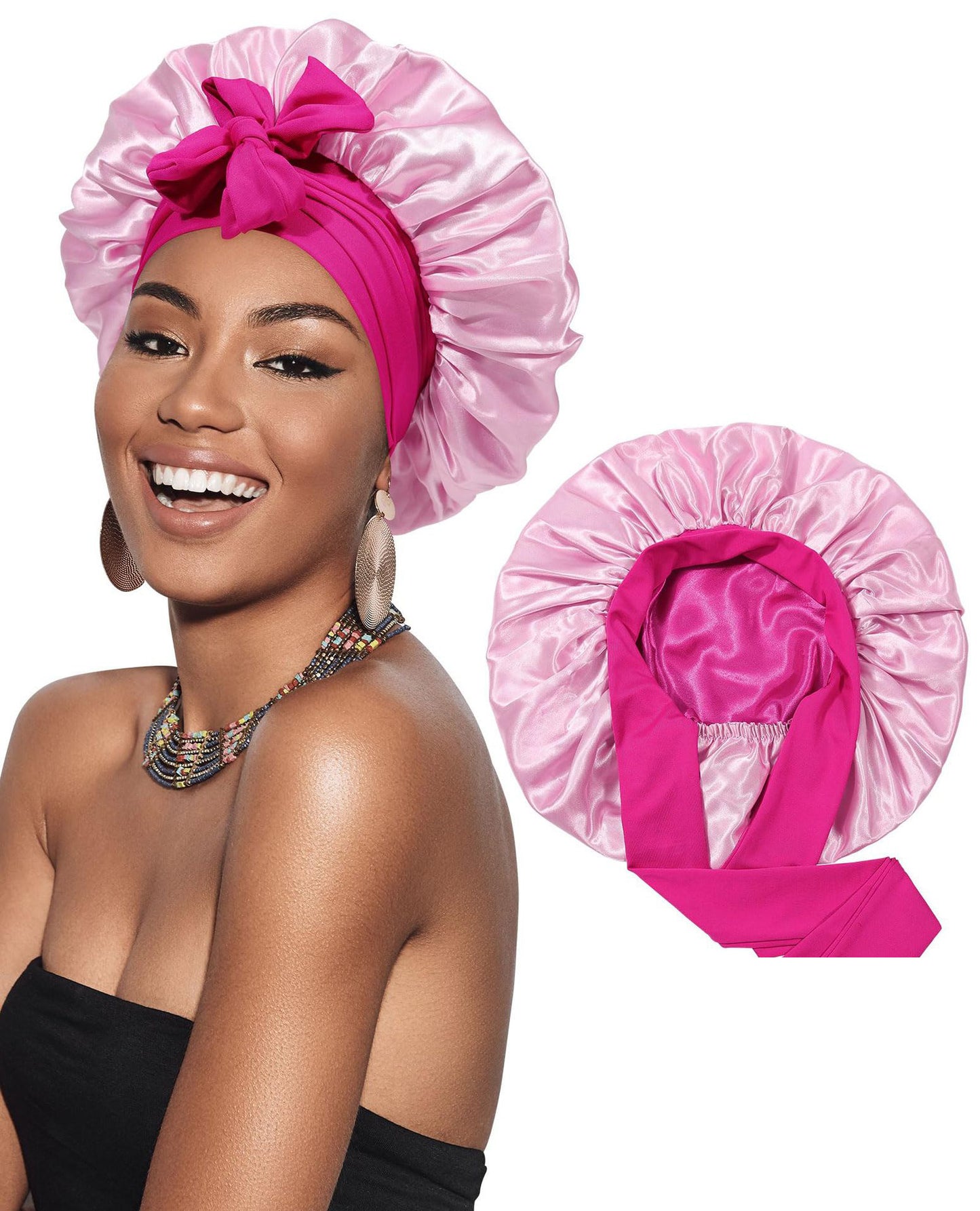 Silky Satin Hair Bonnets with Ribbon Tie | Long Hair Care Sleep Night Cap