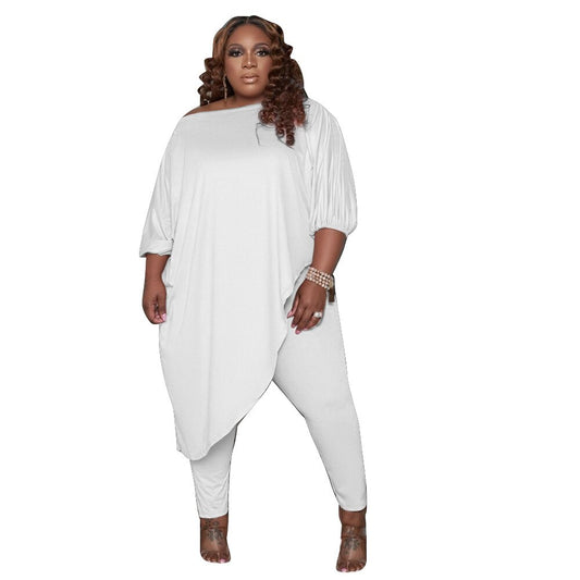Trendy 2-Piece Women's Lounge Set - Asymmetric Diagonal Collar T-Shirt & Matching Slim Trousers