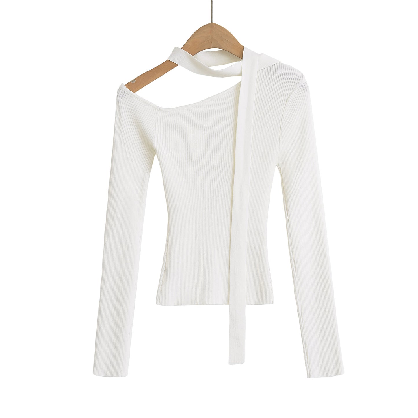 Trendy Slanted Collar Off-Shoulder Ribbed Top - Chic Asymmetric Long Sleeve Shirt