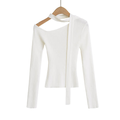 Trendy Slanted Collar Off-Shoulder Ribbed Top - Chic Asymmetric Long Sleeve Shirt