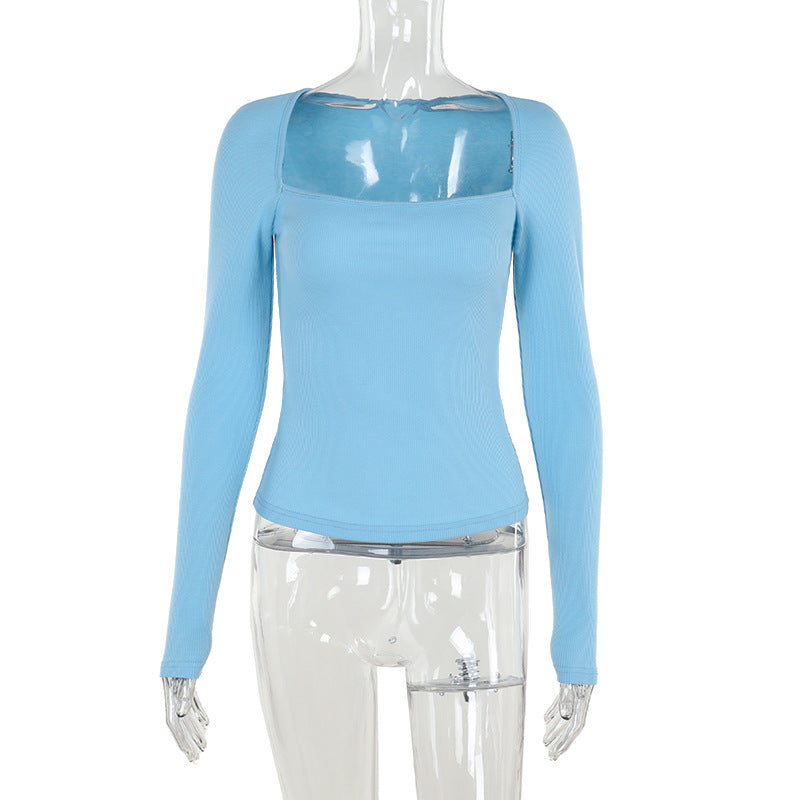 Minimally Slim Fit Vertical Knit Square Neck Long Sleeved Top for Women