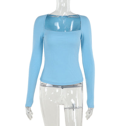 Minimally Slim Fit Vertical Knit Square Neck Long Sleeved Top for Women