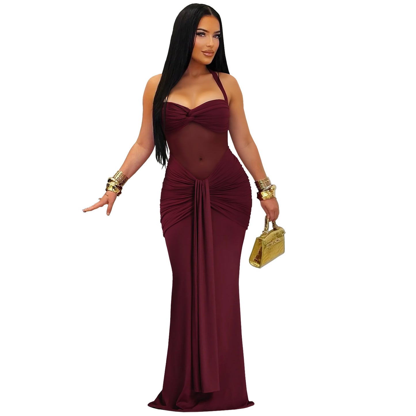 Elegant White Sheer Mesh Halter Maxi Dress – Sexy Tie-Back Glamorous Evening Gown for Women