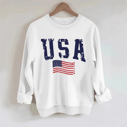 USA Flag Distressed Print Grey Sweatshirt | Unisex Round Neck Sports Pullover