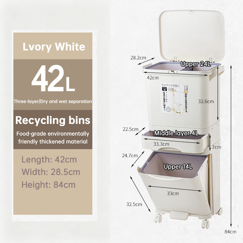 42L Kitchen Trash Can 3 Compartments with Pedal & Wheels