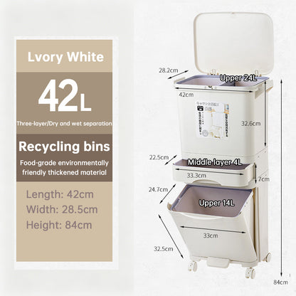 42L Kitchen Trash Can 3 Compartments with Pedal & Wheels