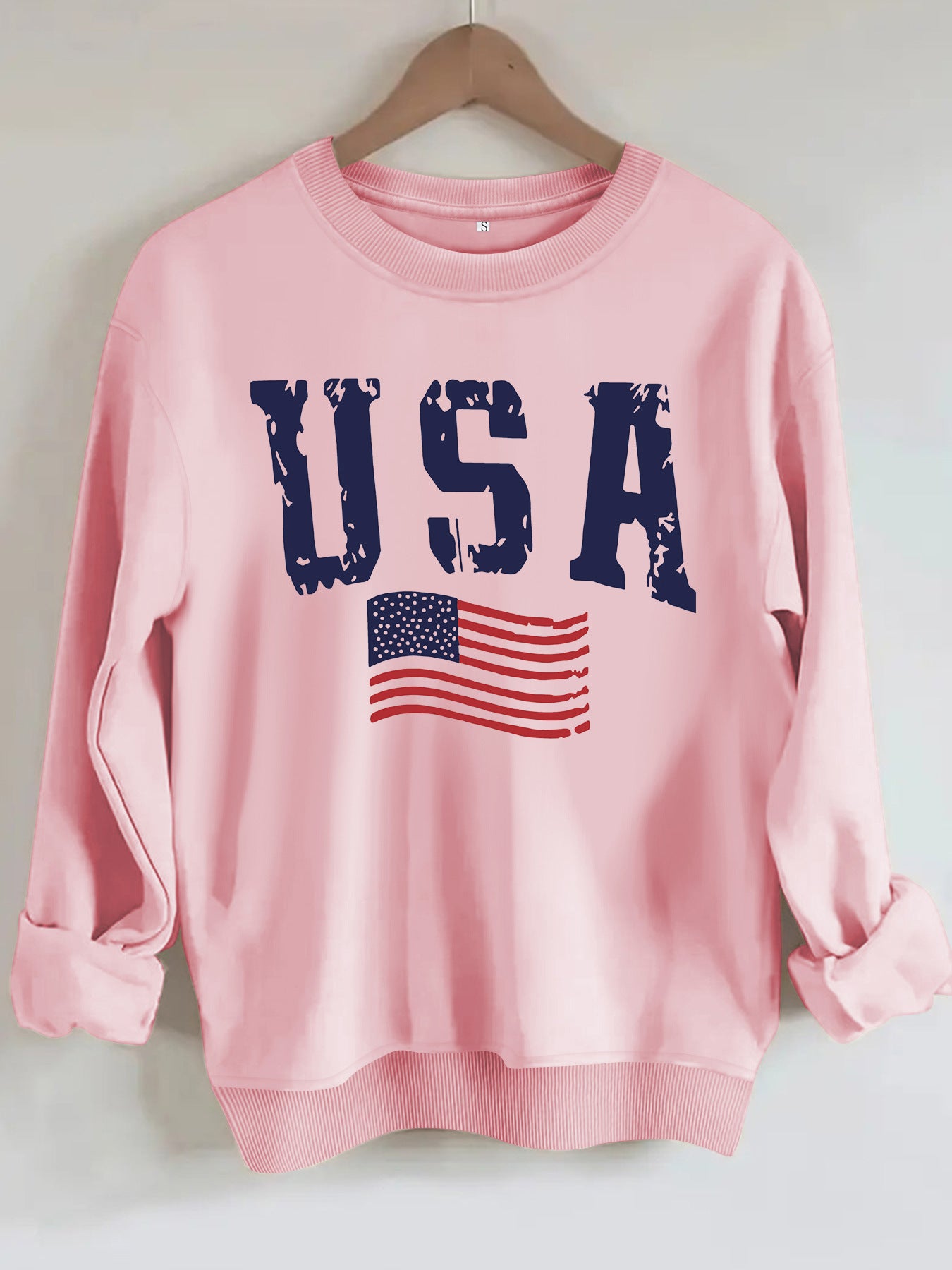 USA Flag Distressed Print Grey Sweatshirt | Unisex Round Neck Sports Pullover