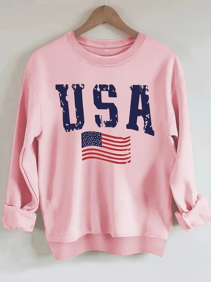USA Flag Distressed Print Grey Sweatshirt | Unisex Round Neck Sports Pullover