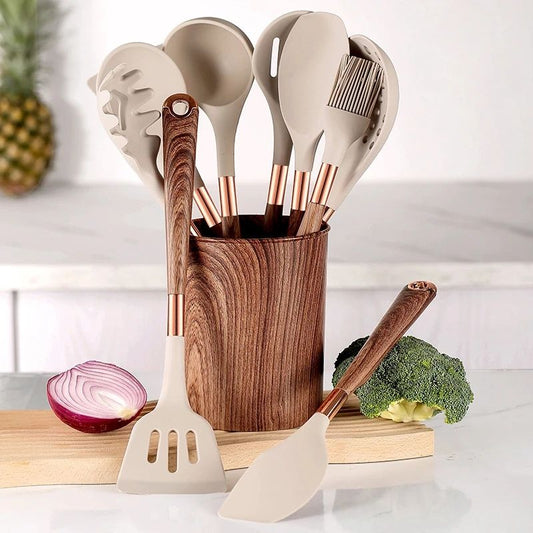10-Piece Premium Silicone Kitchen Utensil Set - Heat Resistant Cooking Tools with Ergonomic Wooden Handles