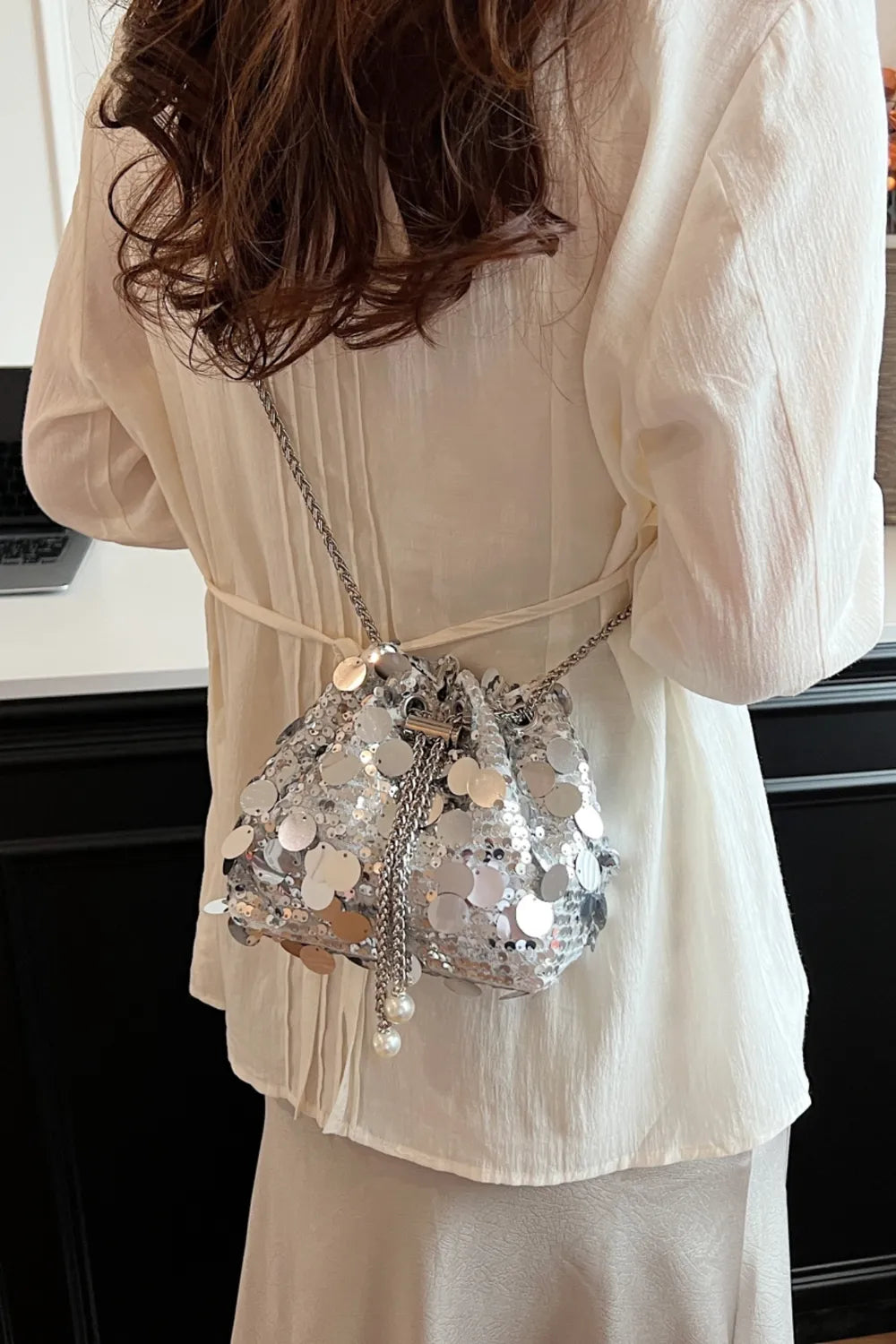 Shimmering Drawstring Sequin Pouch Crossbody Bag