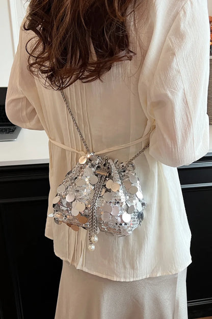Shimmering Drawstring Sequin Pouch Crossbody Bag